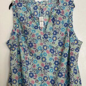 NWT NEW Talbots Floral Sleeveless Ruffle Trim ~ Sz 2X ~ Shell Top~ Blue w/ Multi